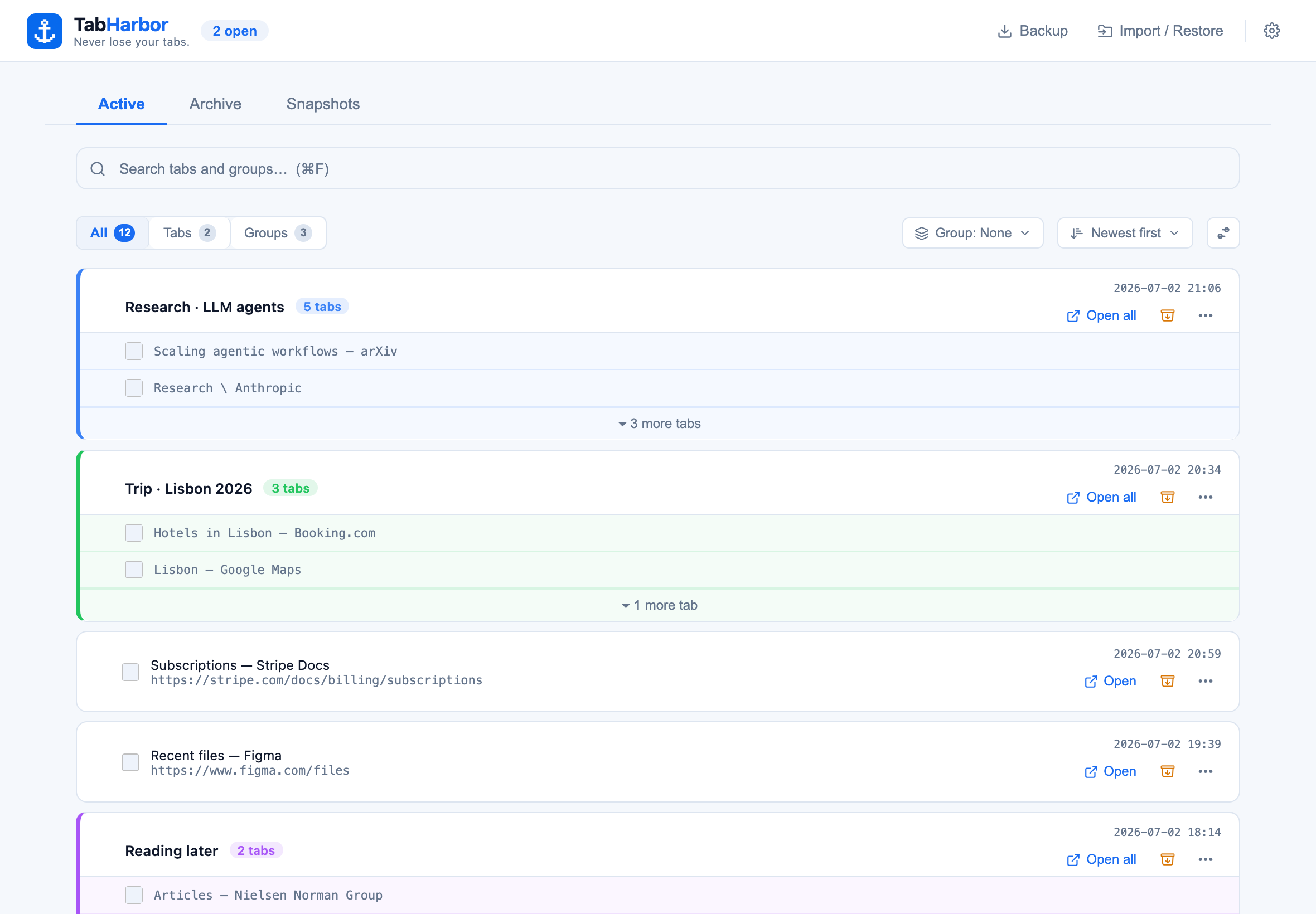 TabHarbor saved-tabs page — colour-coded groups and tabs you can restore anytime